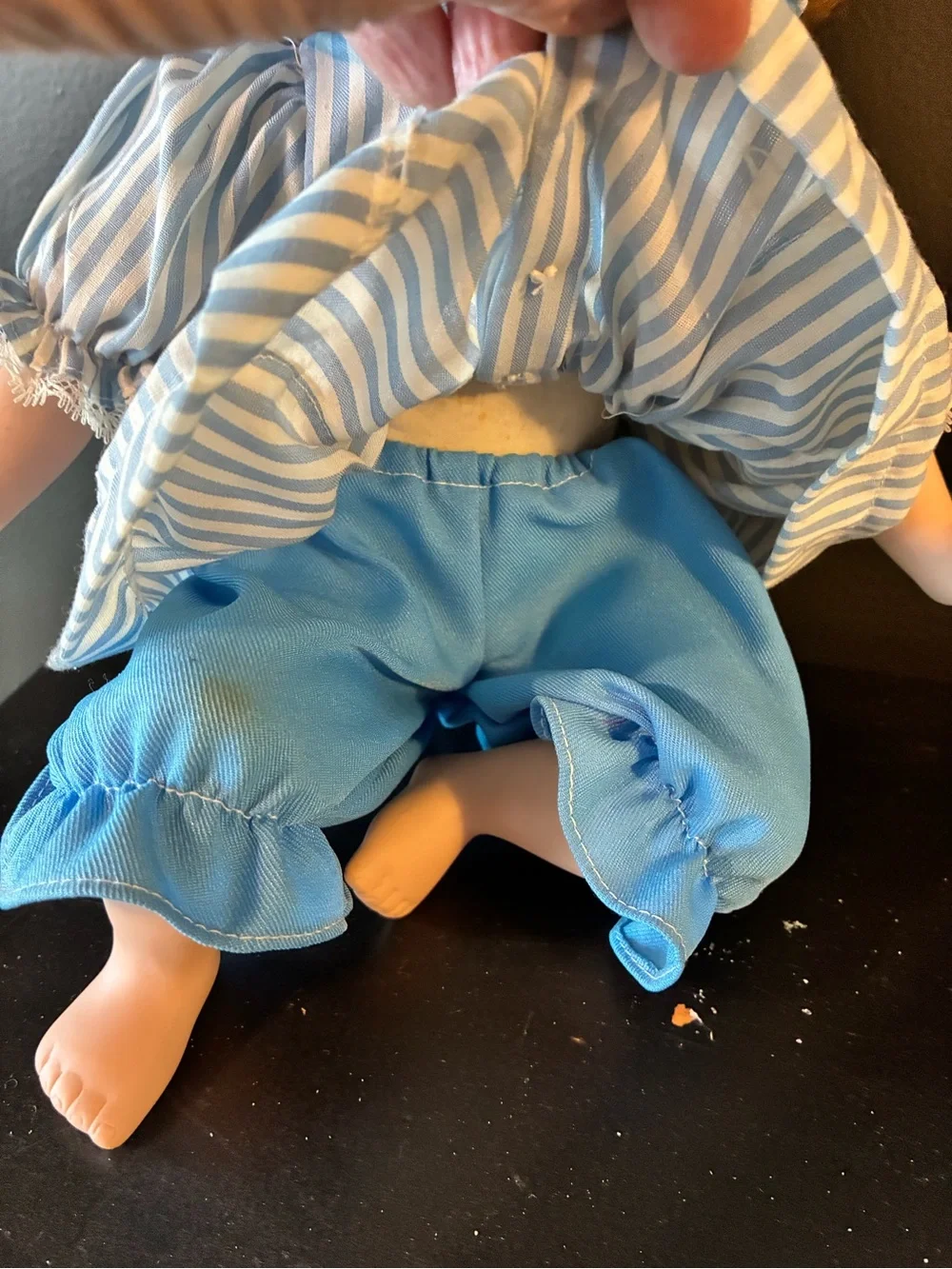 Heritage Blue & White Striped Porcelain Doll with Red Bow Accents